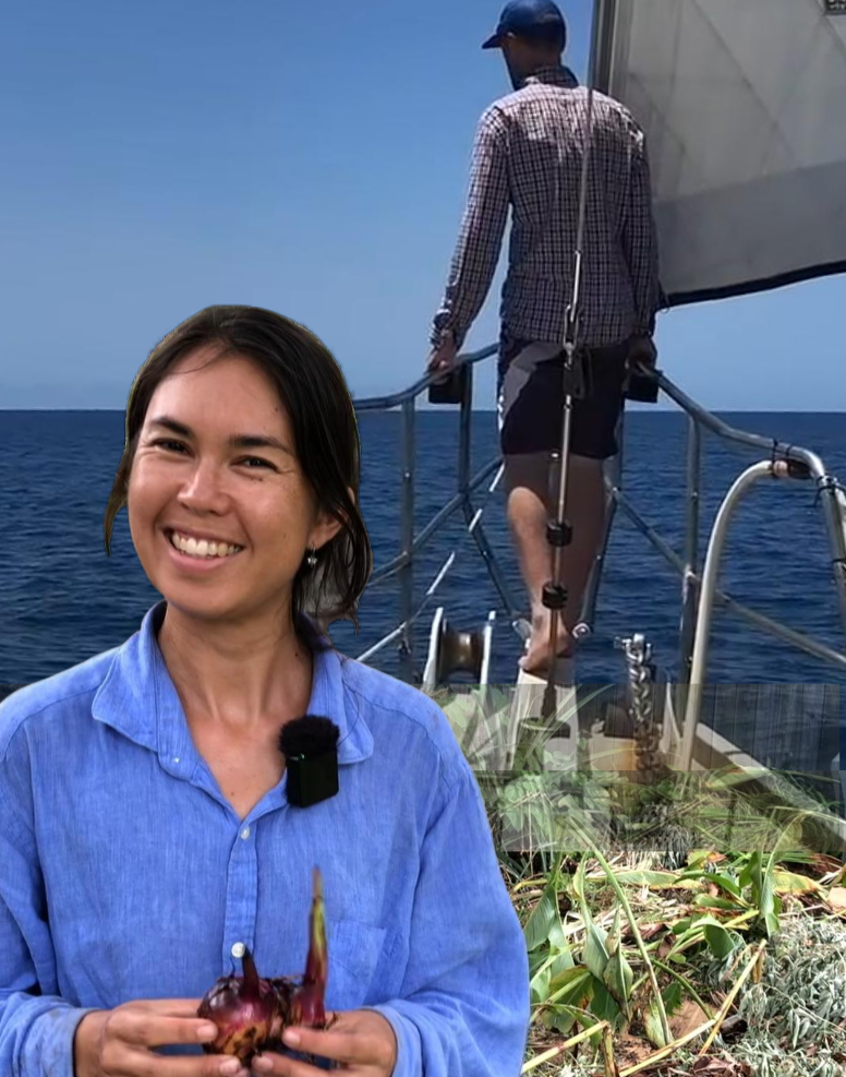 Emelie holds arrowroot corm while Jon stands at the bow looking over the ocean